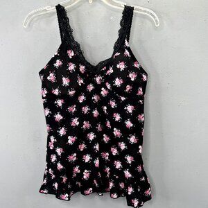 Vintage Y2K LEI Babydoll Tank Top L Black Floral Lace Trim Smocked Padded FLAW